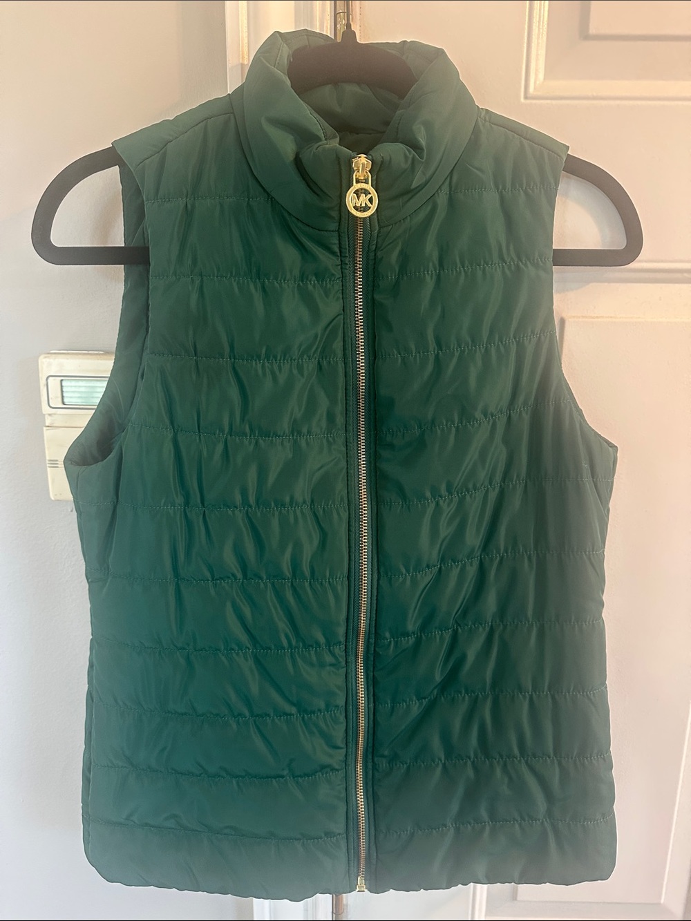 Michael Kors Hunter Green Quilted Puffer Vest with Gold-Tone MK Zipper